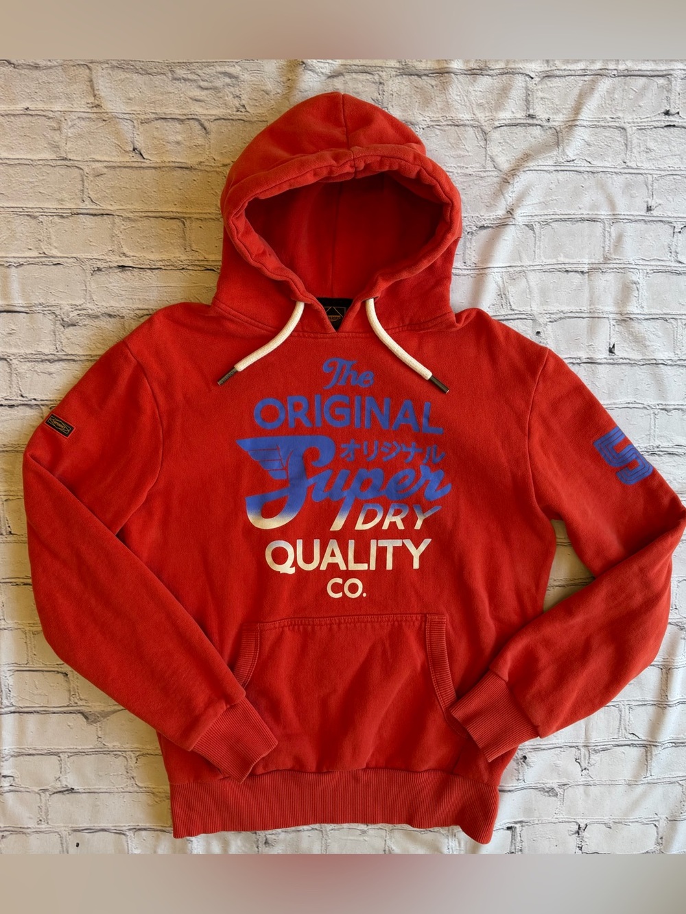 Superdry Red Hoodie Sweatshirt Logo Spell Out Hooded Pullover Medium Streetwear